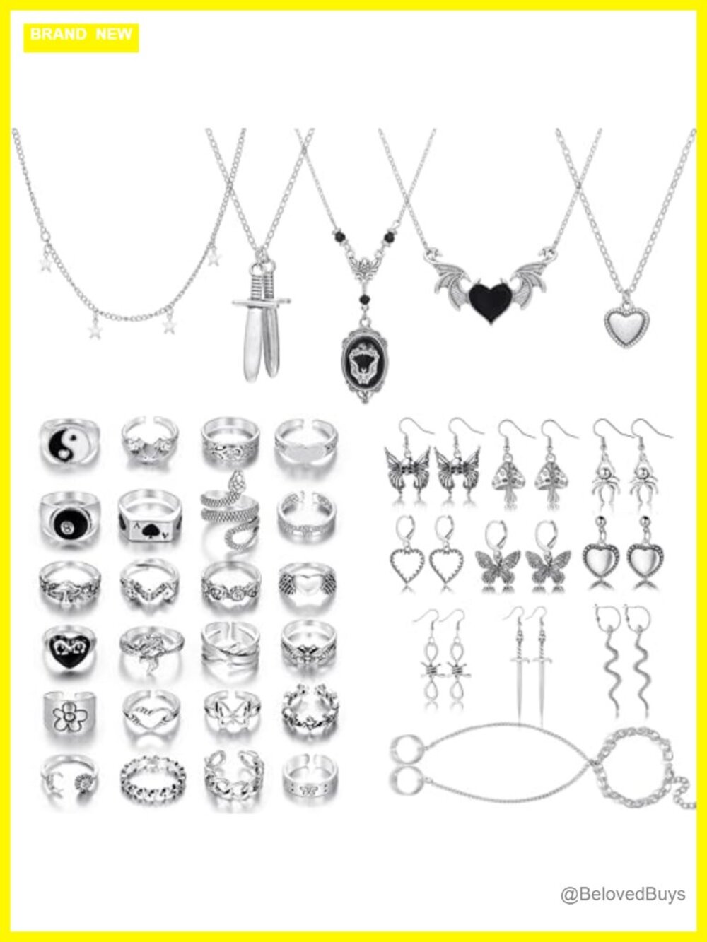 Gothic Punk Silver-Tone Jewelry Set 5 Necklaces 9 Earrings 24 Rings Bracelet